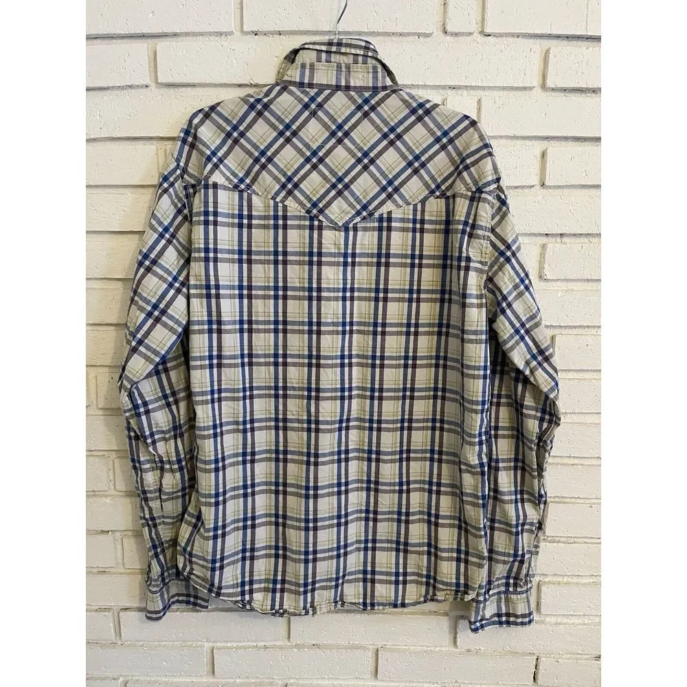 Christian Audigier Shirt size XL Pearl Snap Blue Tan Plaid‎ Long Sleeve Western